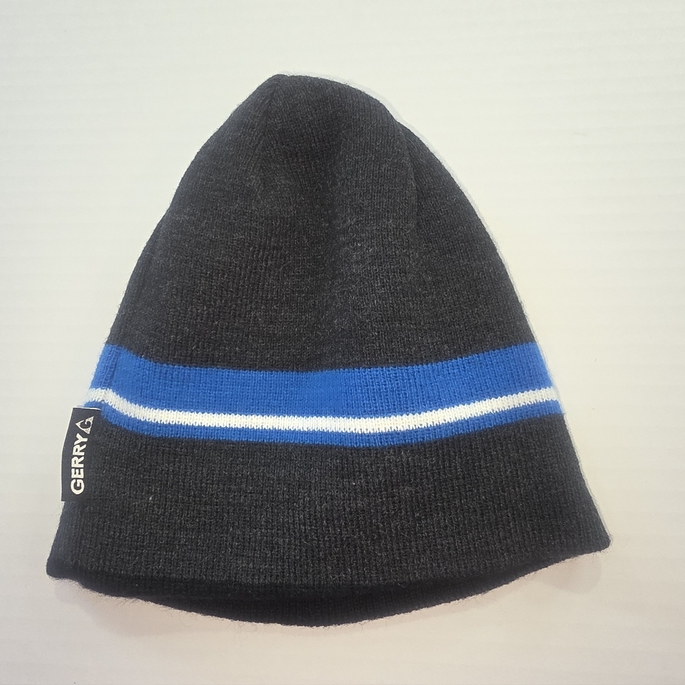 Gerry Dark Gray Beanie Hat One Size Blue & White Stripe Cap